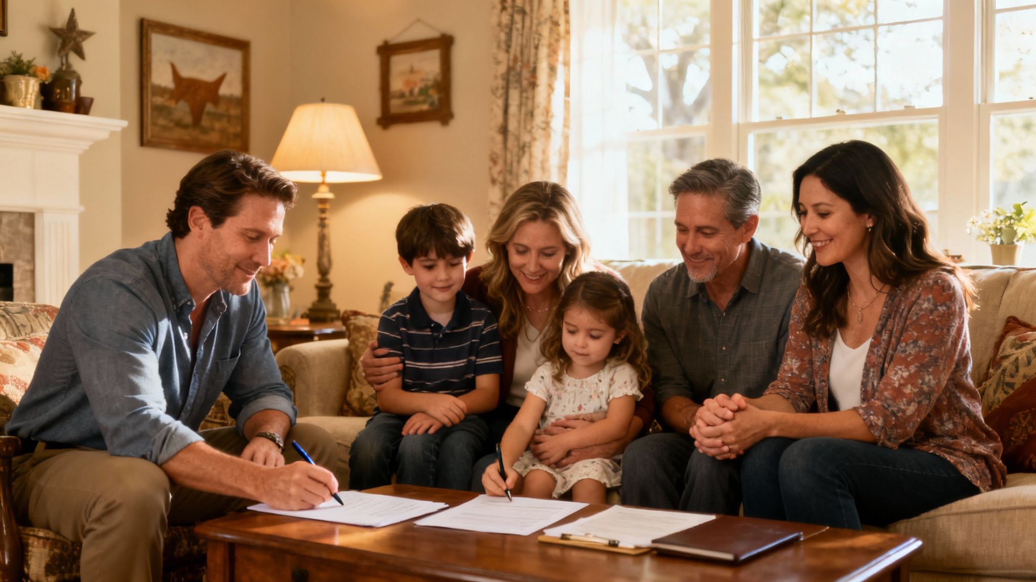 Family gathering in a cozy living room, signing adoption paperwork, symbolizing the journey of open adoption and family connections.