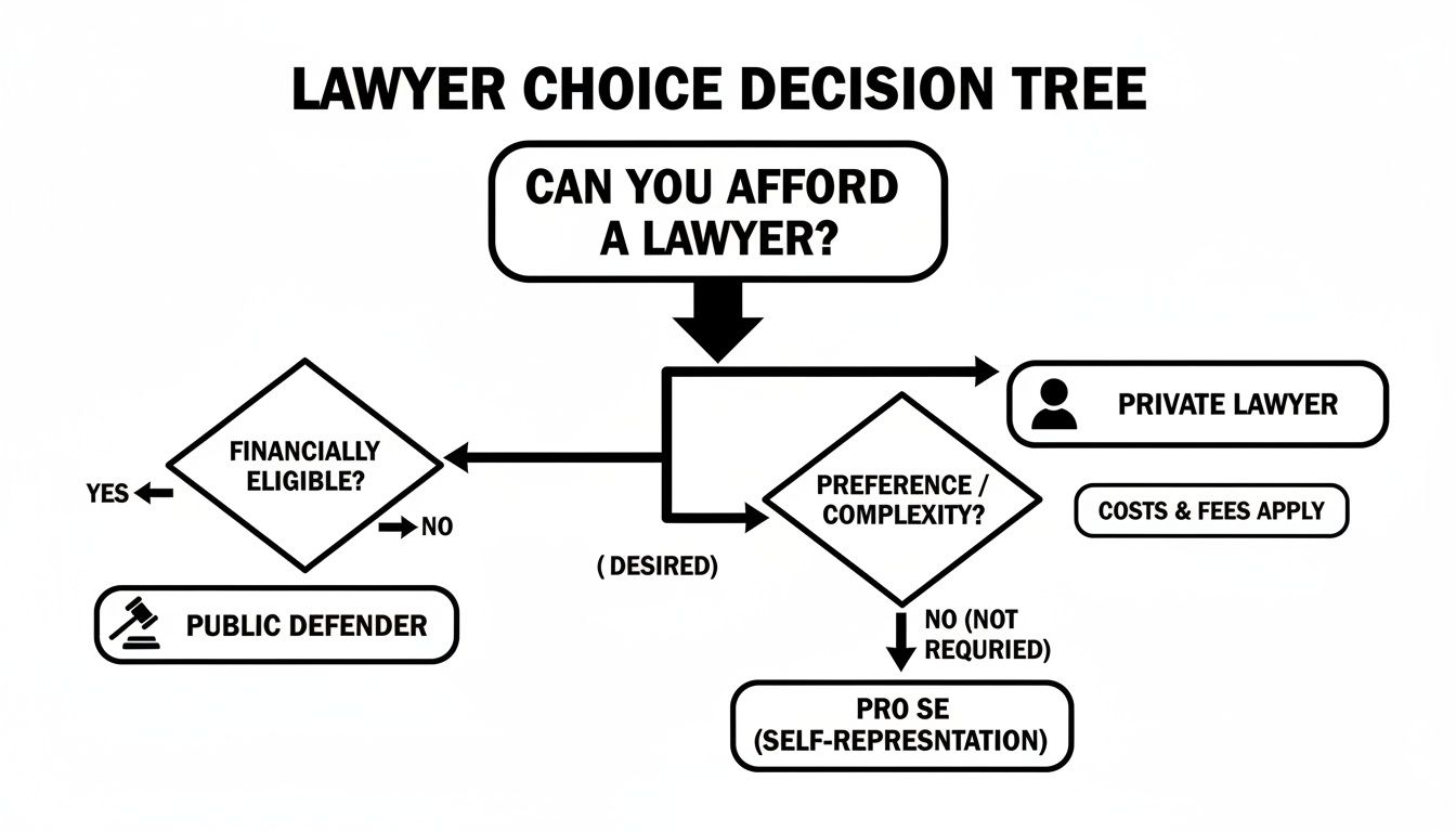 Flowchart showing legal representation choices: public defender, private lawyer, or self-representation, based on affordability.
