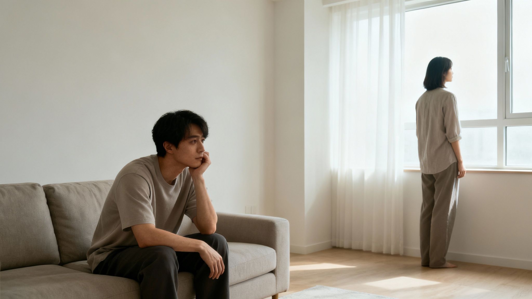 Pareja en casa, hombre pensativo en el sofá y mujer mirando por la ventana, distanciados.