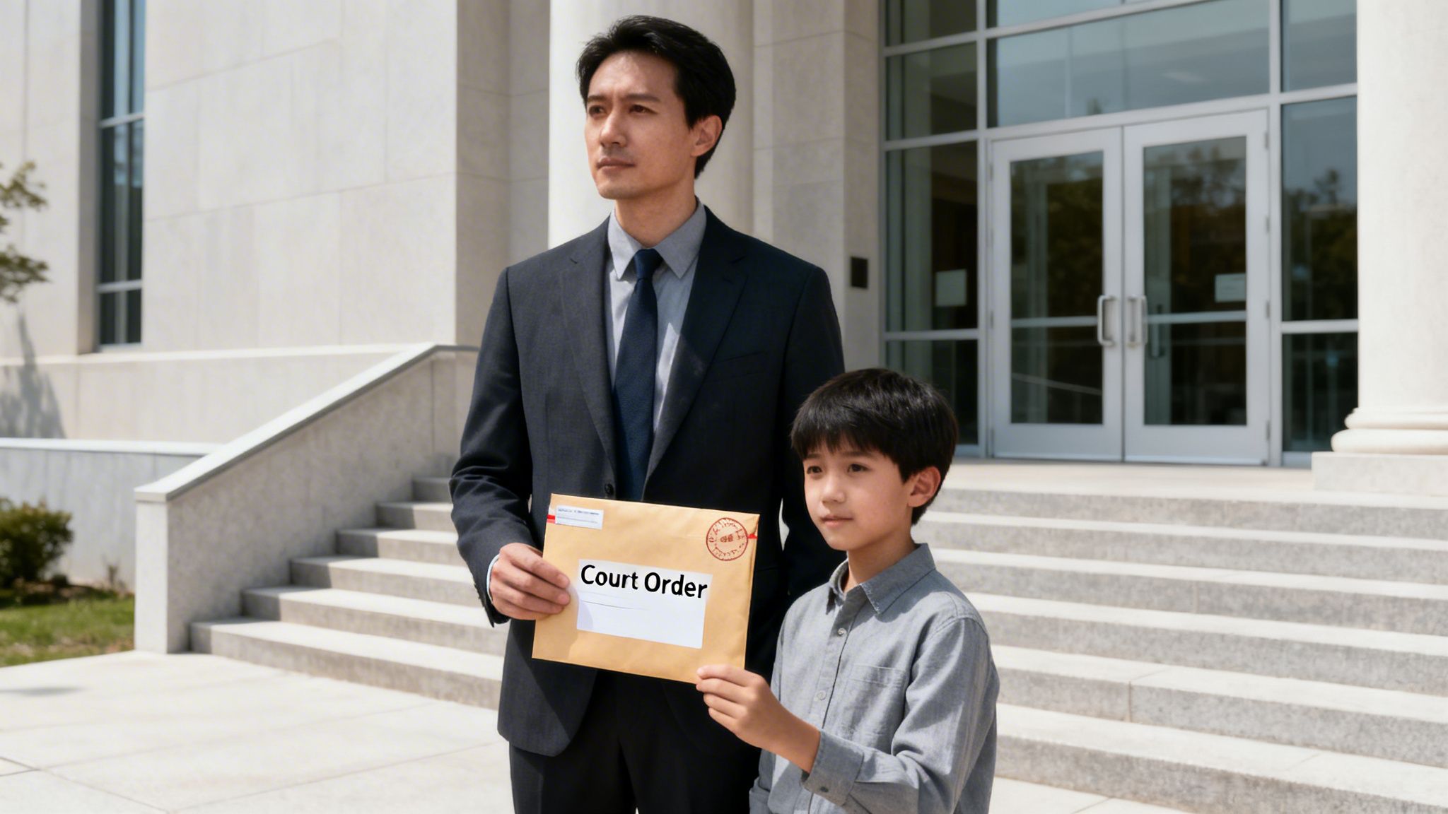 A father and son stand outside a courthouse holding a "Court Order" envelope, looking serious.