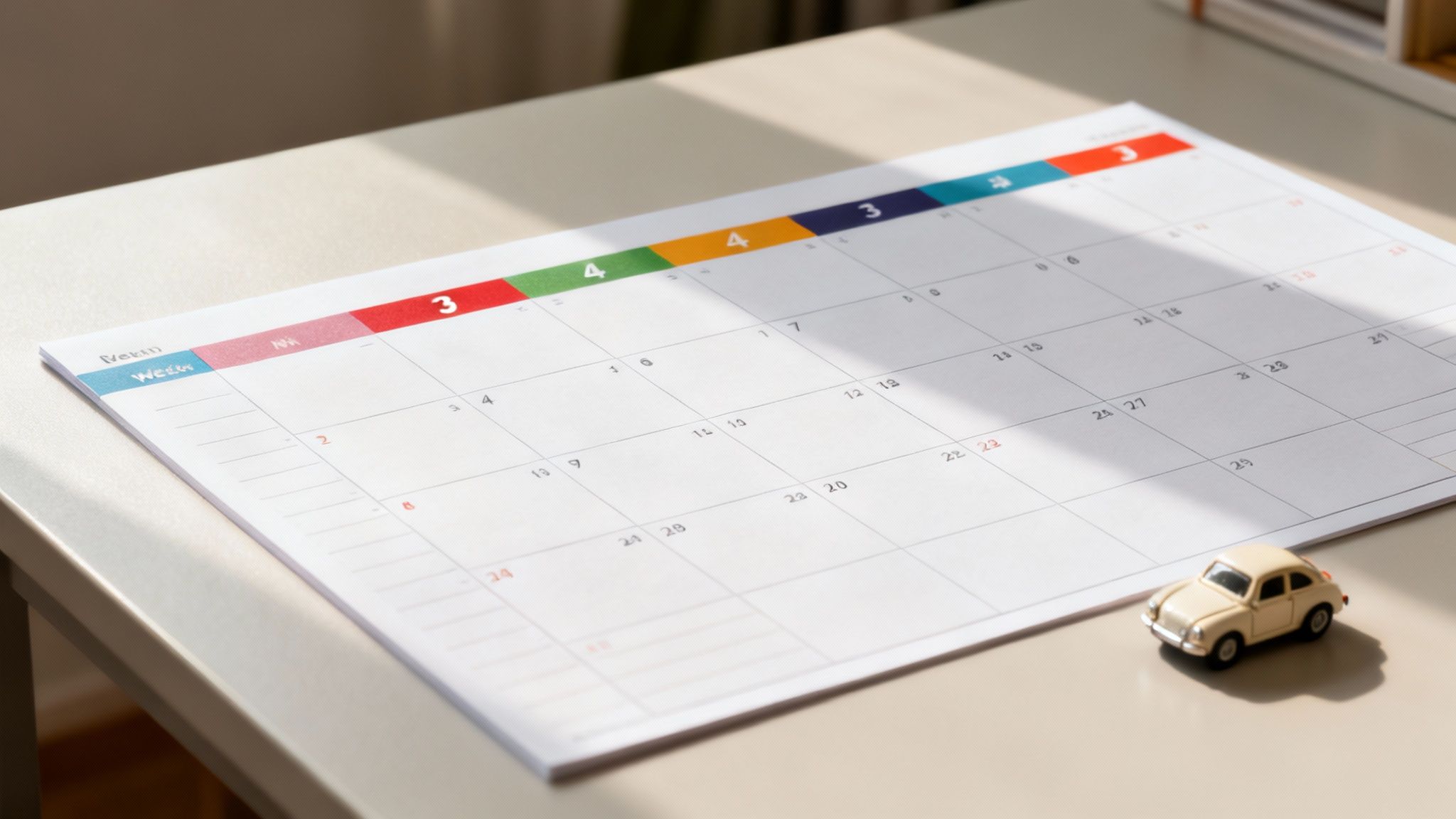 A colorful desk calendar displaying dates and month headers, with a small toy car on the side.