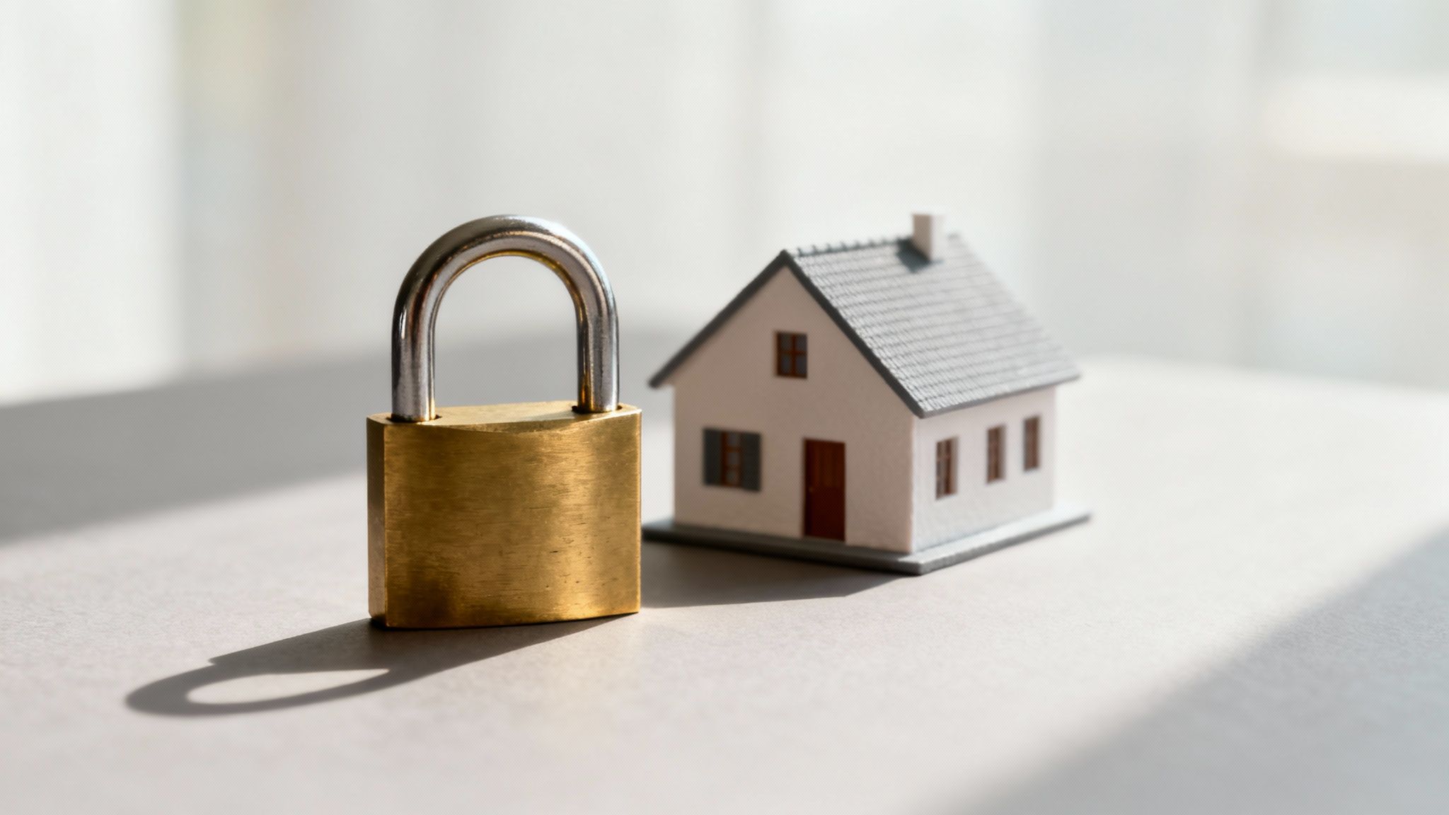 Padlock next to a miniature house symbolizing asset protection and the concept of irrevocable trusts in estate planning.