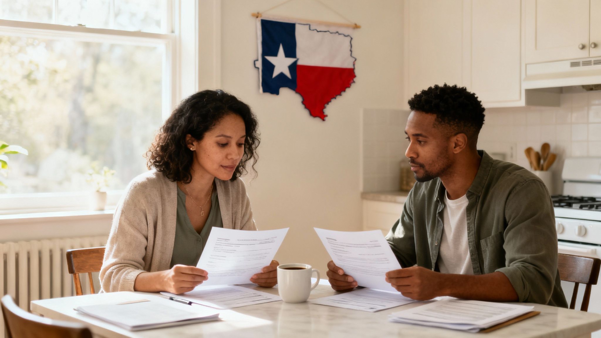 A diverse couple reviews important papers at a table in their home, with a Texas flag.