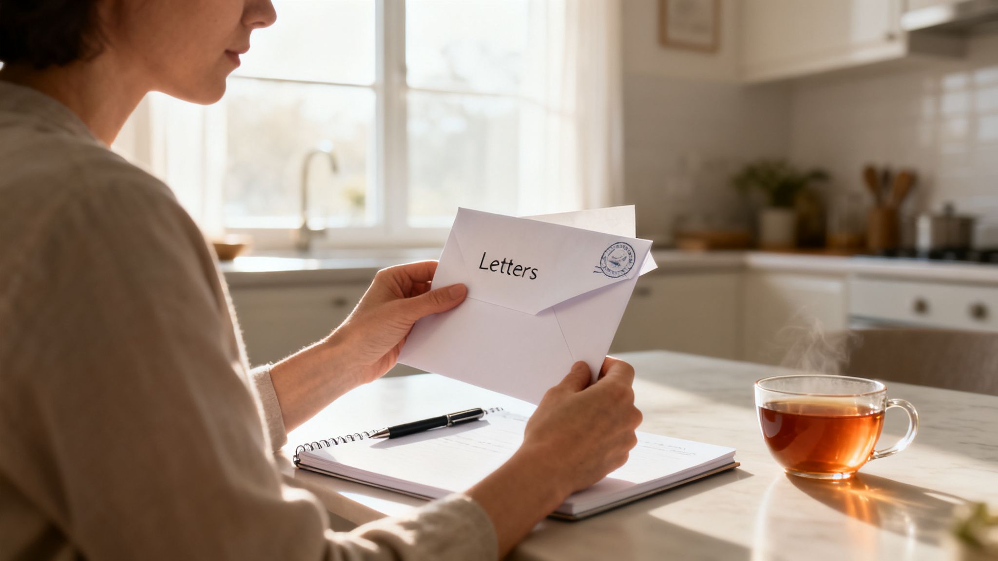 A person holds an open envelope labeled 'Letters' at a sunlit table with a notebook and tea.