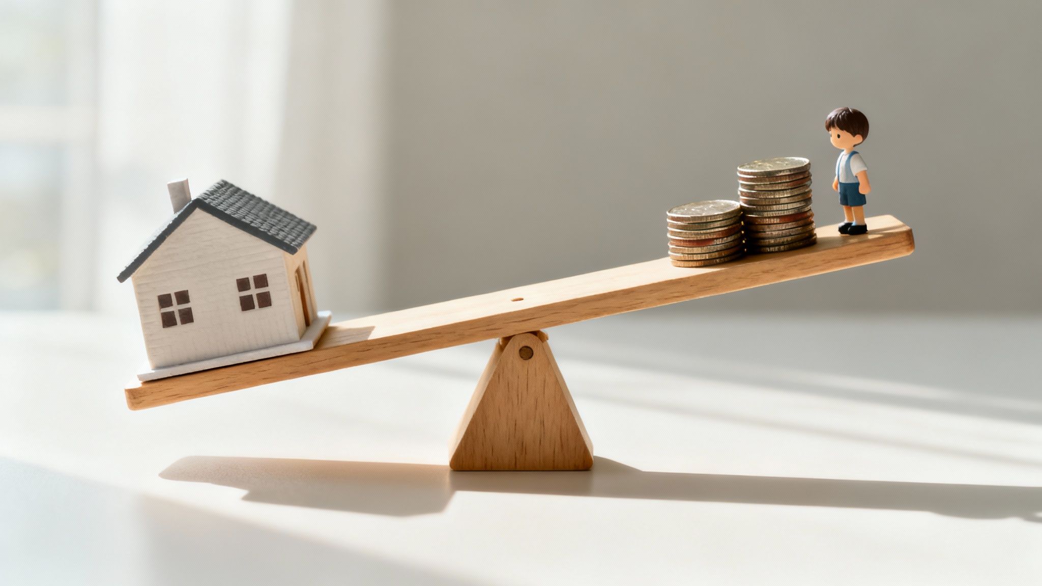 Model house and stacked coins on a seesaw, symbolizing the balance of assets and financial considerations in divorce mediation.