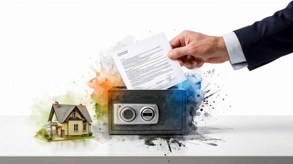 A hand places legal documents into a safe next to a miniature house, symbolizing asset protection.