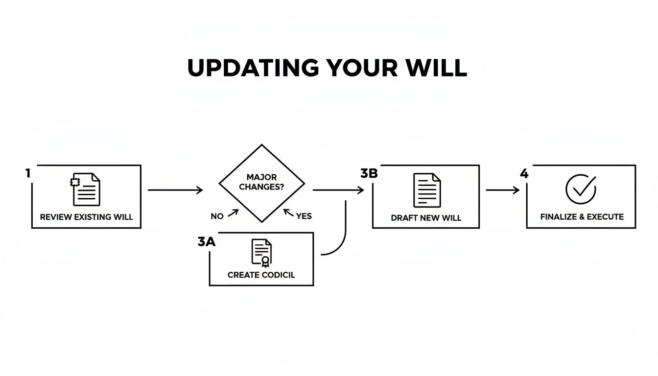 Flowchart illustrating the step-by-step process of updating a will, including decisions for major or minor changes.