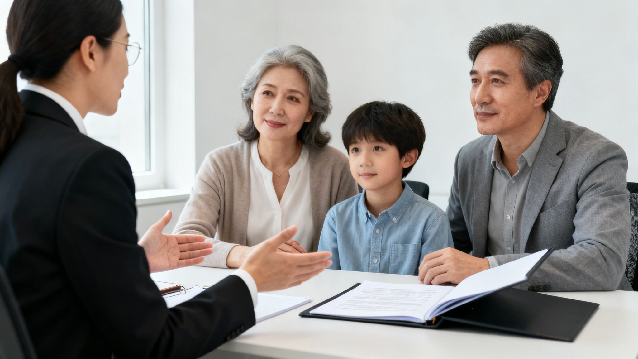 Una abogada o asesora explicando a una familia asiática (abuelos y nieto) en una oficina.