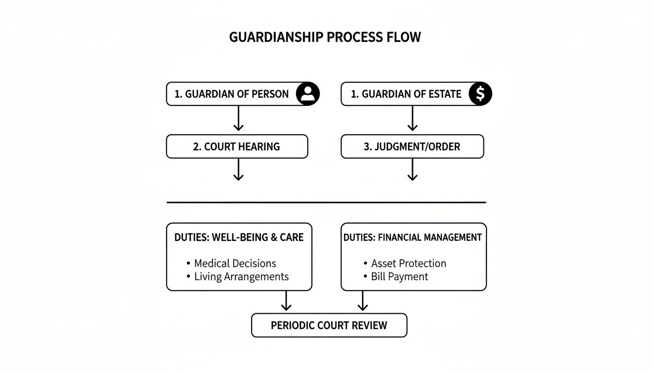 Flowchart illustrating the guardianship process, detailing roles, court steps, and duties for person and estate.