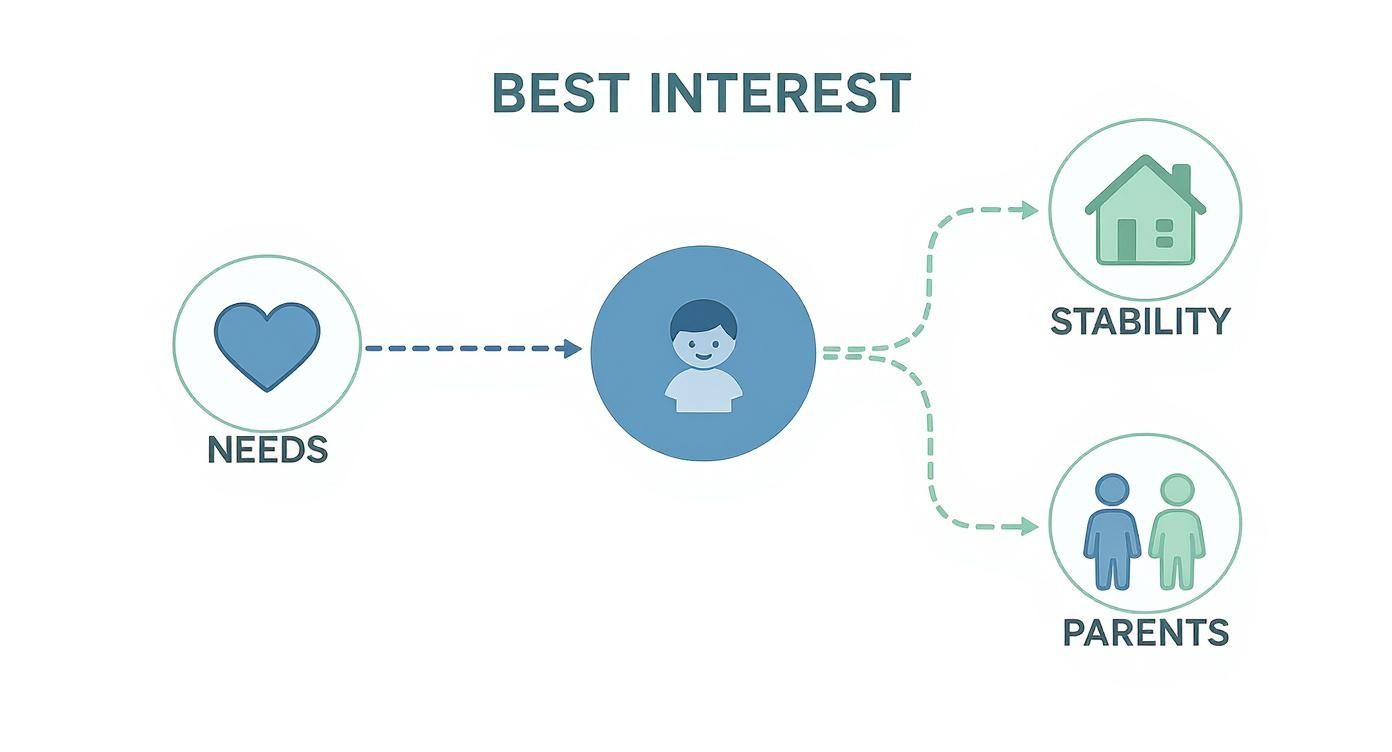 An infographic concept map showing a child at the center, with branches leading to their emotional and physical needs, the stability of their home life, and the abilities of their parents.