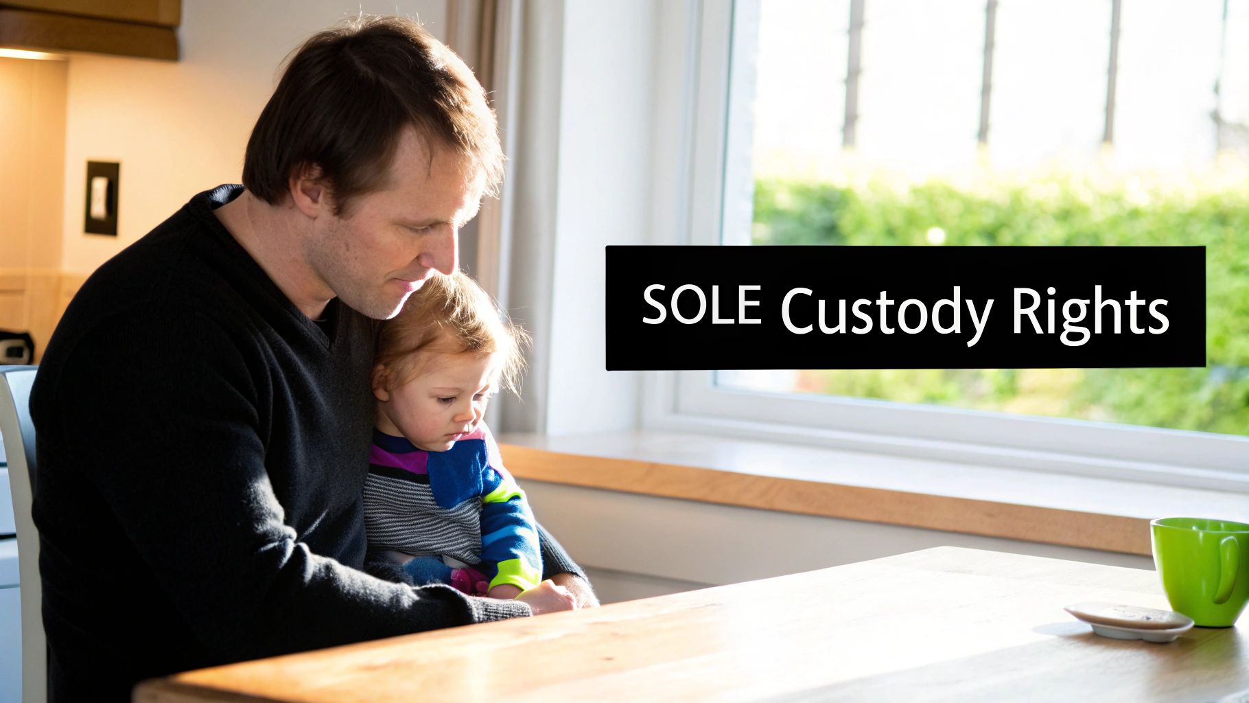 A man holds a young child at a table with text overlay "SOLE Custody Rights" near a bright window.