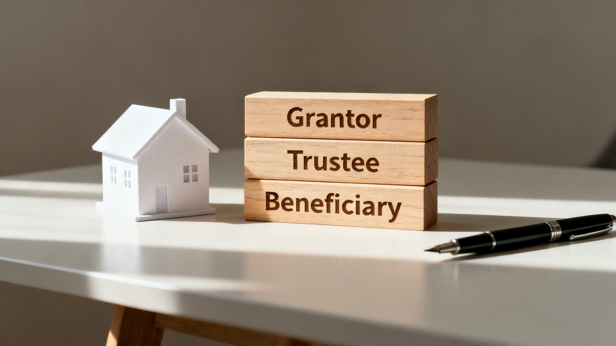 Miniature white house, wooden blocks with 'Grantor', 'Trustee', 'Beneficiary' text, and a pen on a table.