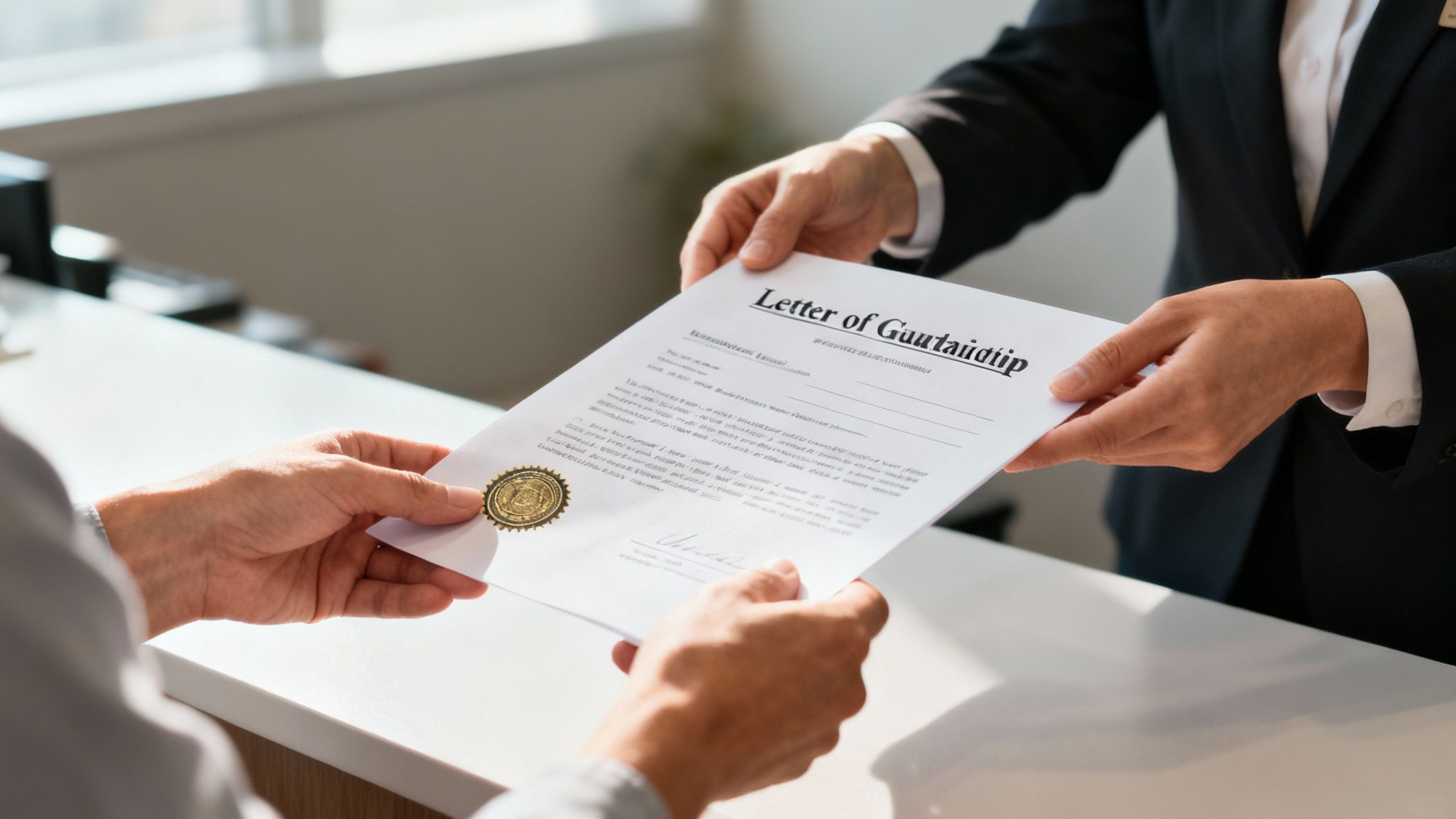 Two people exchanging a formal document titled 'Letter of Guarantidip' with a golden seal.