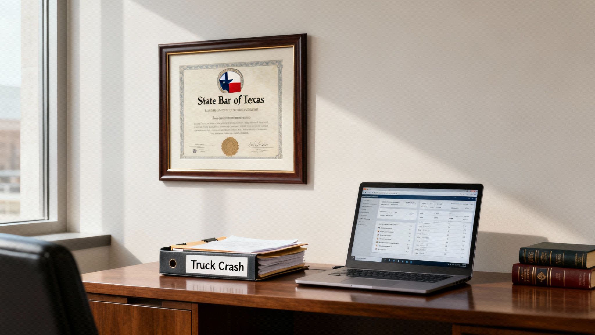 A lawyer reviewing case files in a well-lit office, showing experience and dedication.