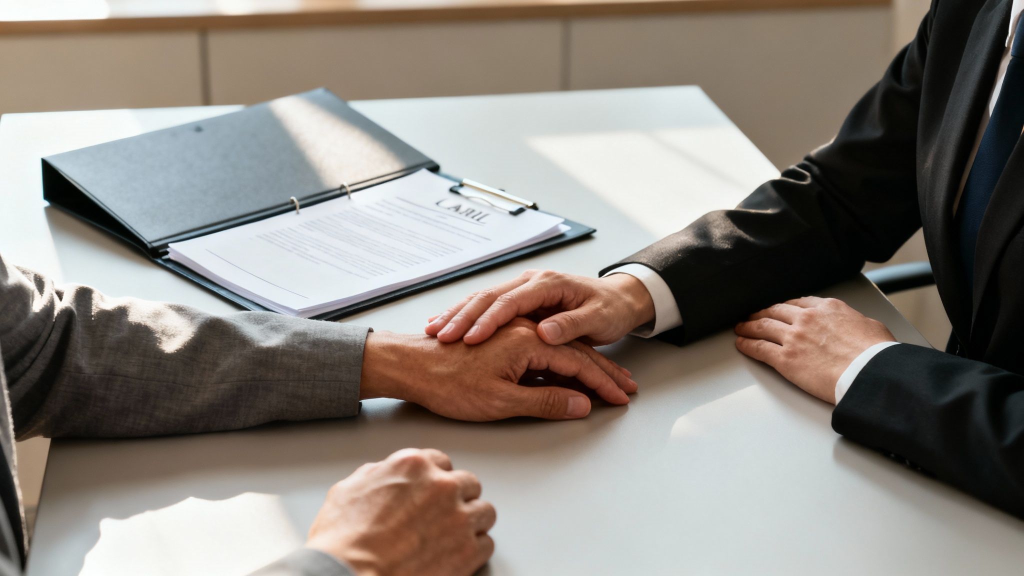 A person in a suit offers comfort to another's hand across a desk with a document.