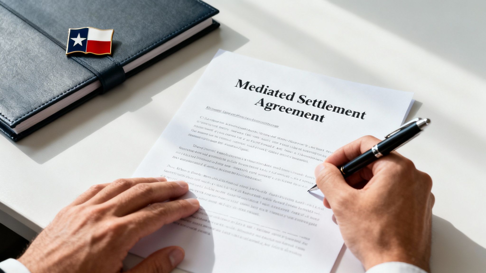 A person's hands signing a mediated settlement agreement, with a Texas flag pin on a notebook.