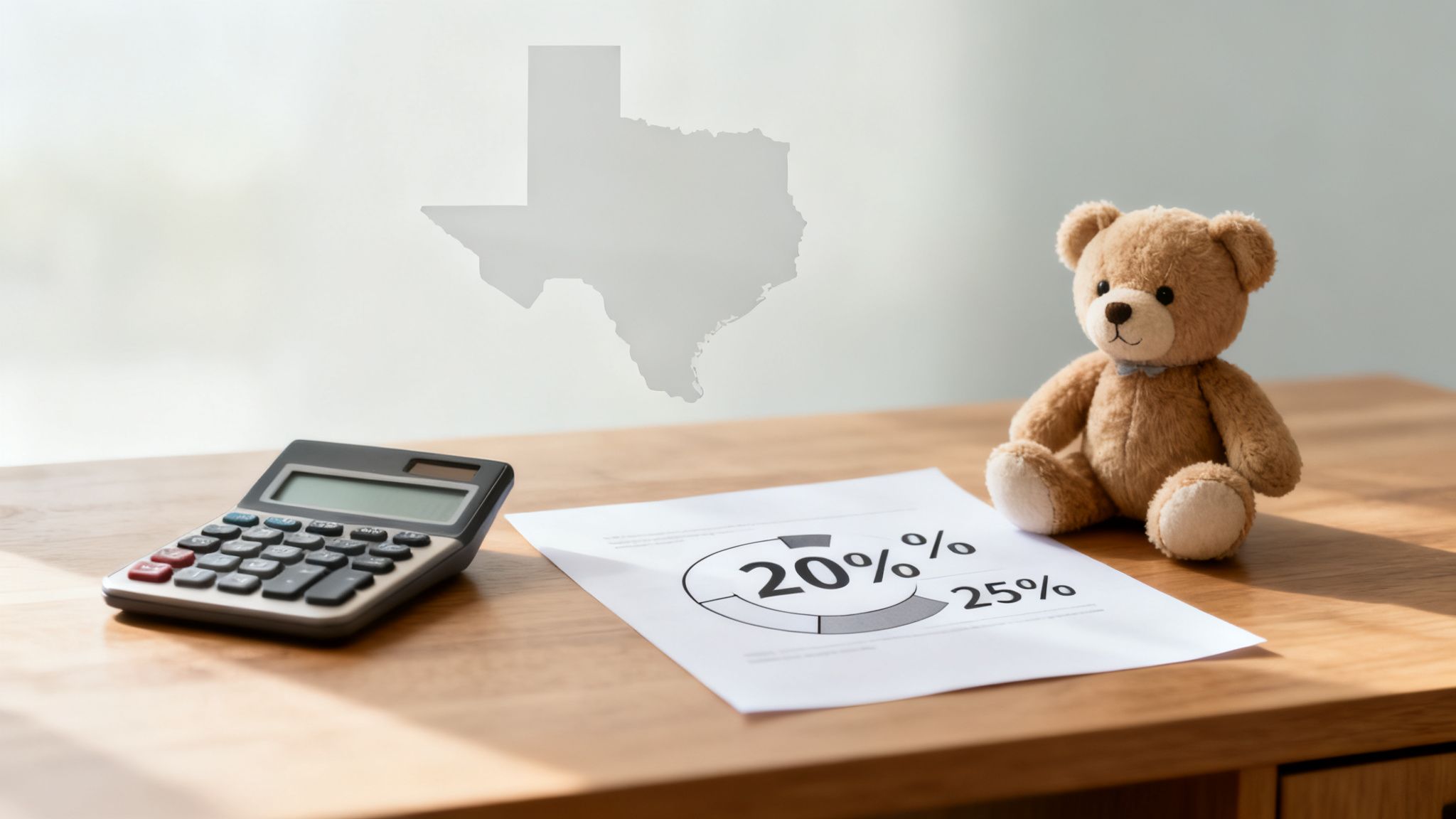A calculator, a pie chart showing percentages, and a teddy bear on a desk, with a Texas map.