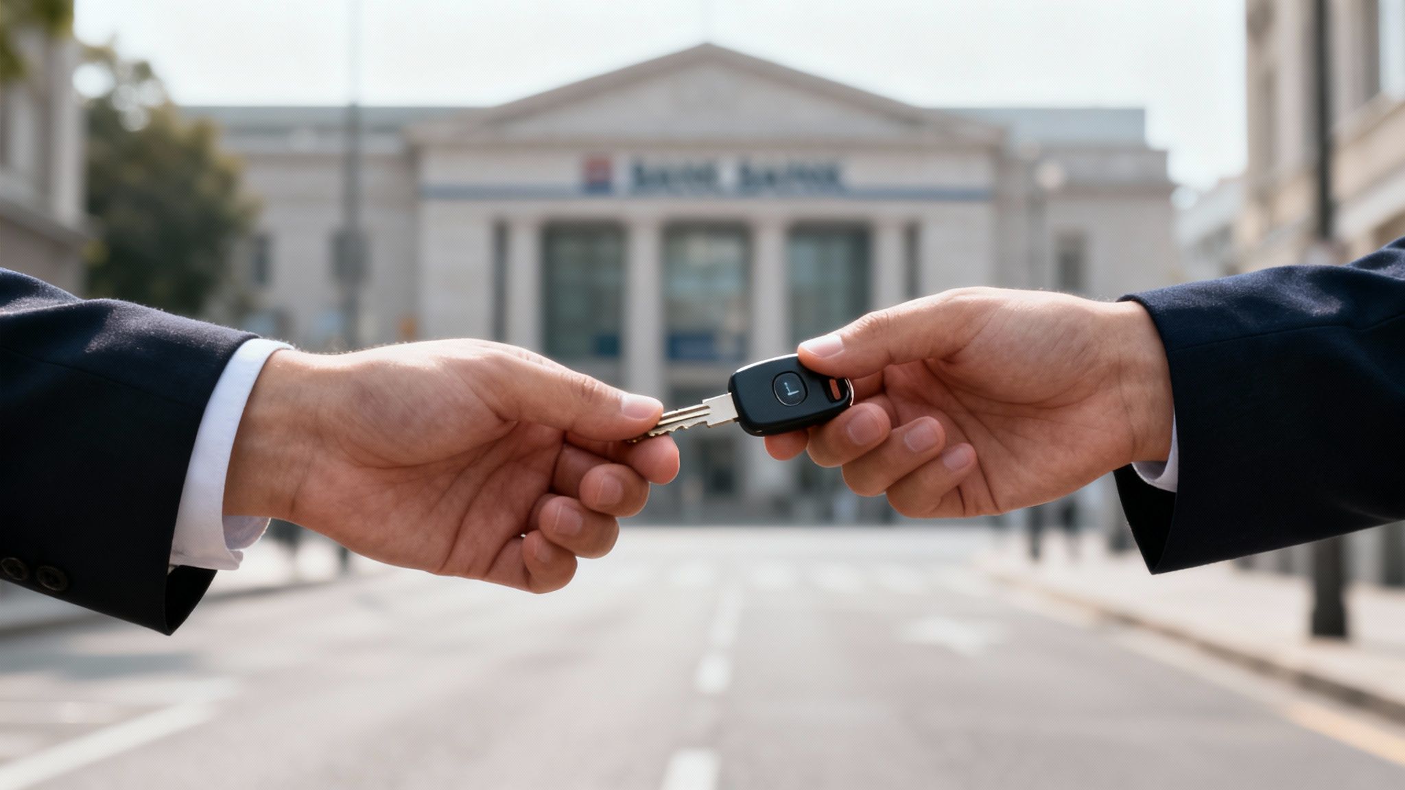 Two hands in business suits exchanging a car key on a street in front of a large building.
