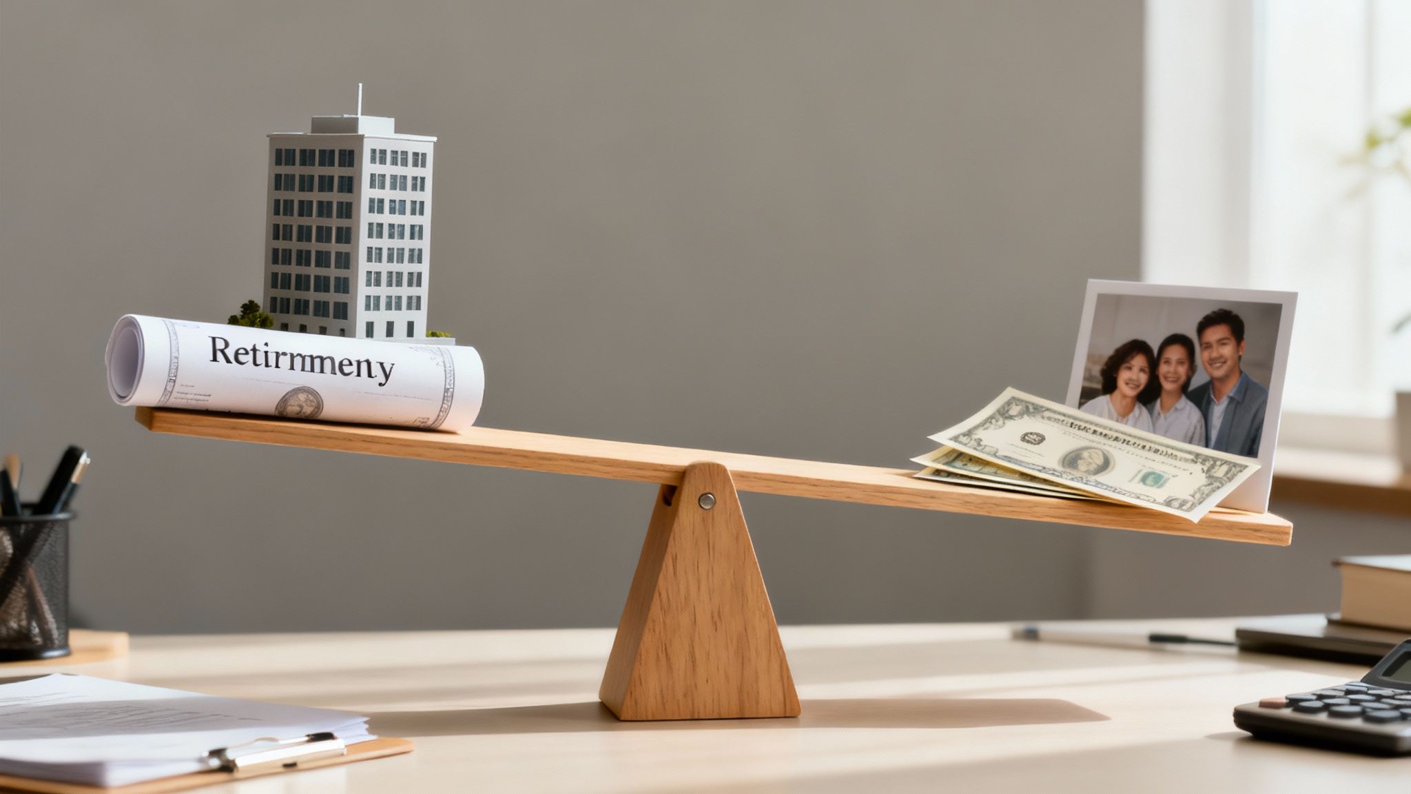 Wooden balance scale weighing retirement planning documents against family photo and cash money
