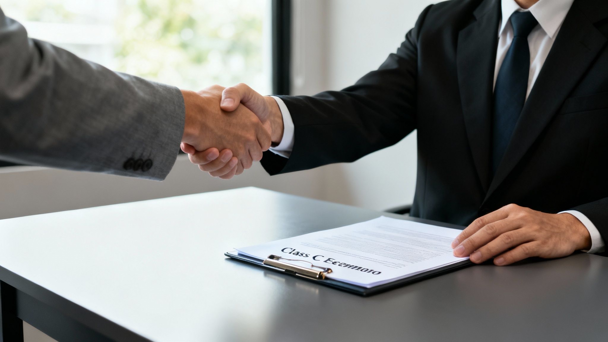 Handshake between two individuals over a table with a document labeled "Class C Misdemeanor," symbolizing legal consultation and representation for Class C misdemeanor charges in Texas.