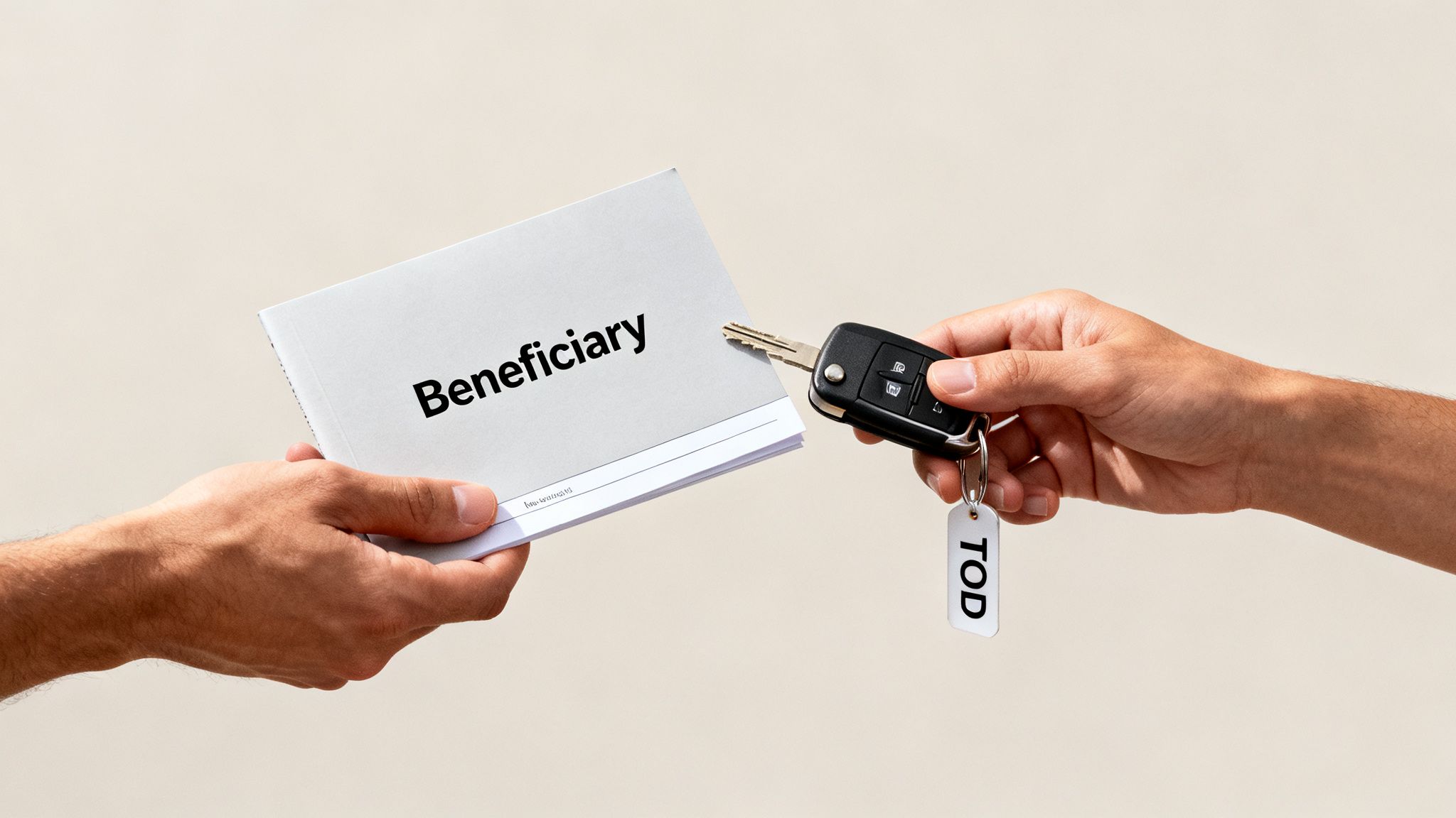Two hands exchanging a document labeled 'Beneficiary' and a car key with a 'TOD' keychain, symbolizing asset transfer.