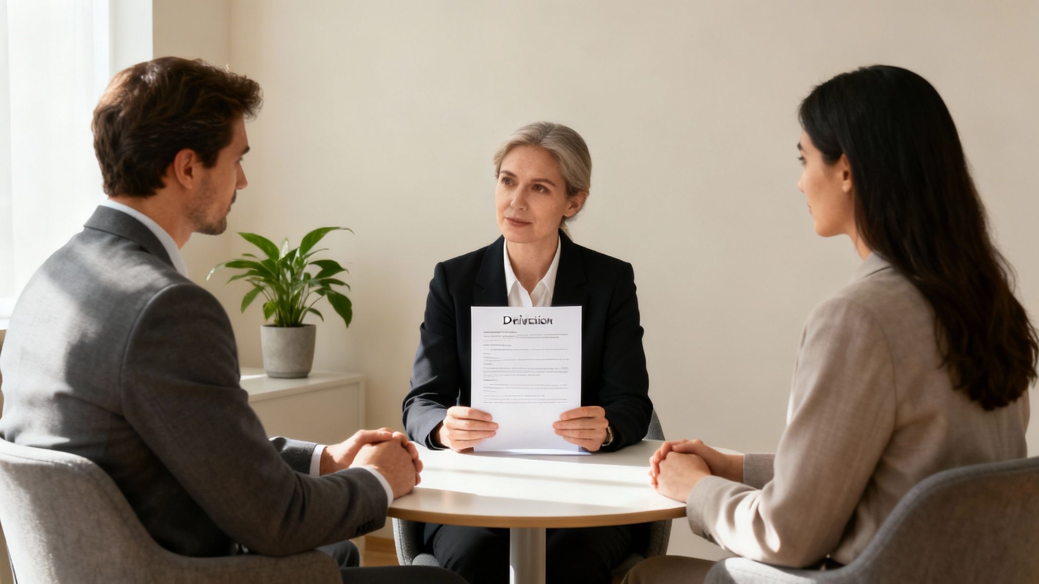 Three business professionals discuss a document at a table, likely a legal consultation.