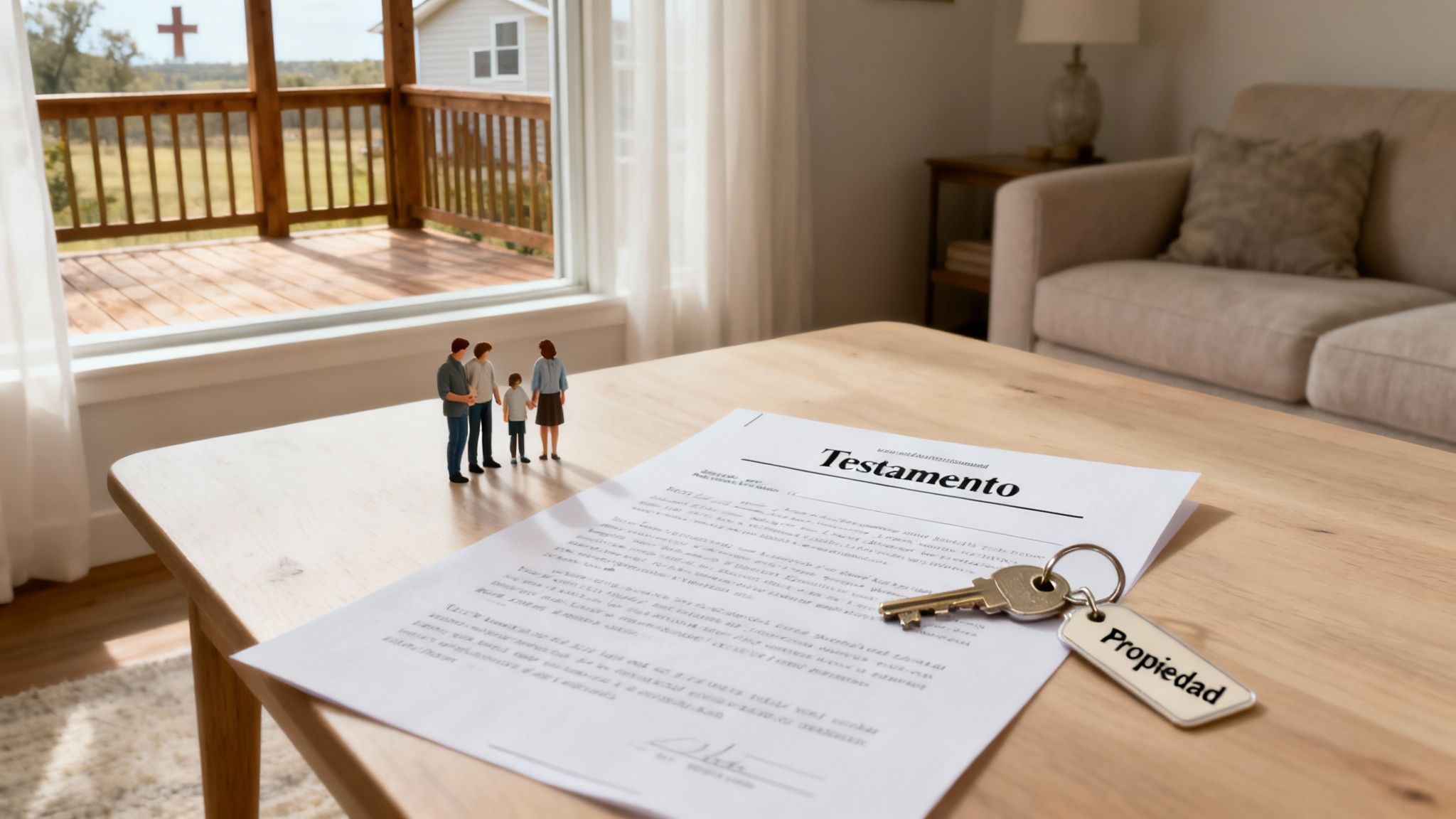 Figuras de familia, un testamento y llaves de propiedad sobre una mesa de madera, simbolizando herencia y planificación futura.