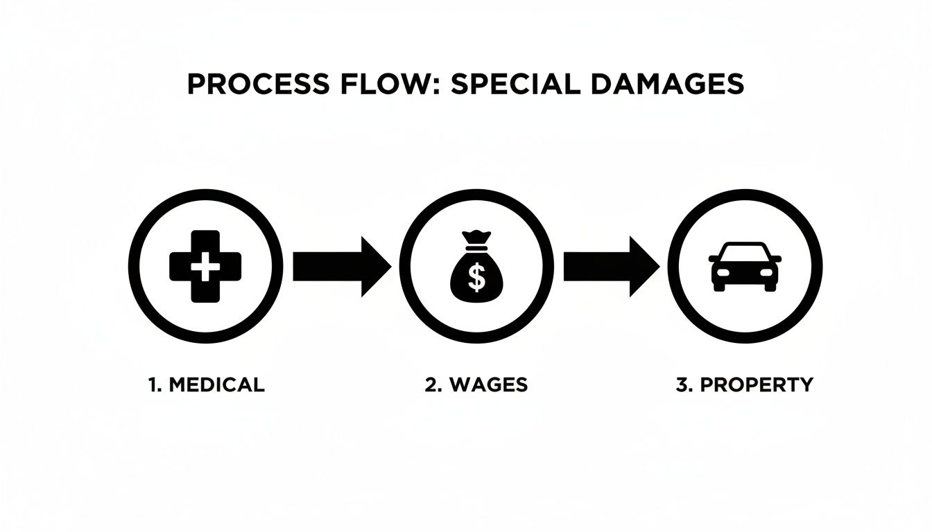 A process flow diagram showing steps for special damages: medical, wages, and property, with icons.