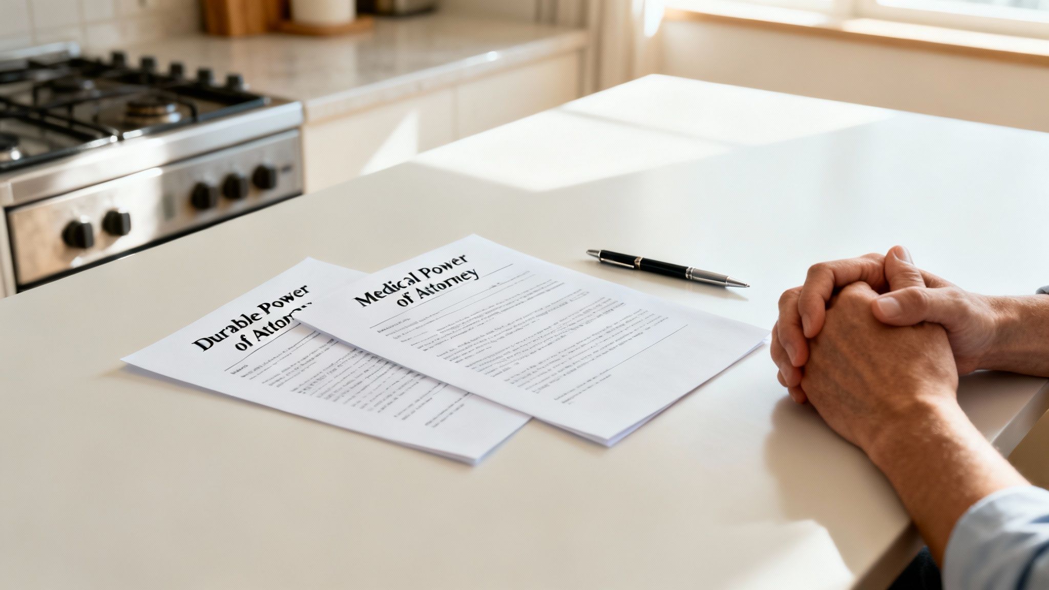 Durable and Medical Power of Attorney documents on a table, with hands clasped nearby, emphasizing essential planning tools for guardianship and decision-making in Texas.