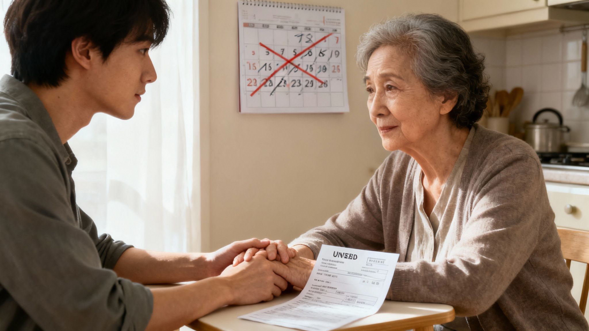 Young adult holding hands with elderly parent, discussing guardianship, with a calendar in the background indicating important dates, and a document labeled "UNNEBD" on the table, reflecting the emotional weight of deciding on legal support in Texas.