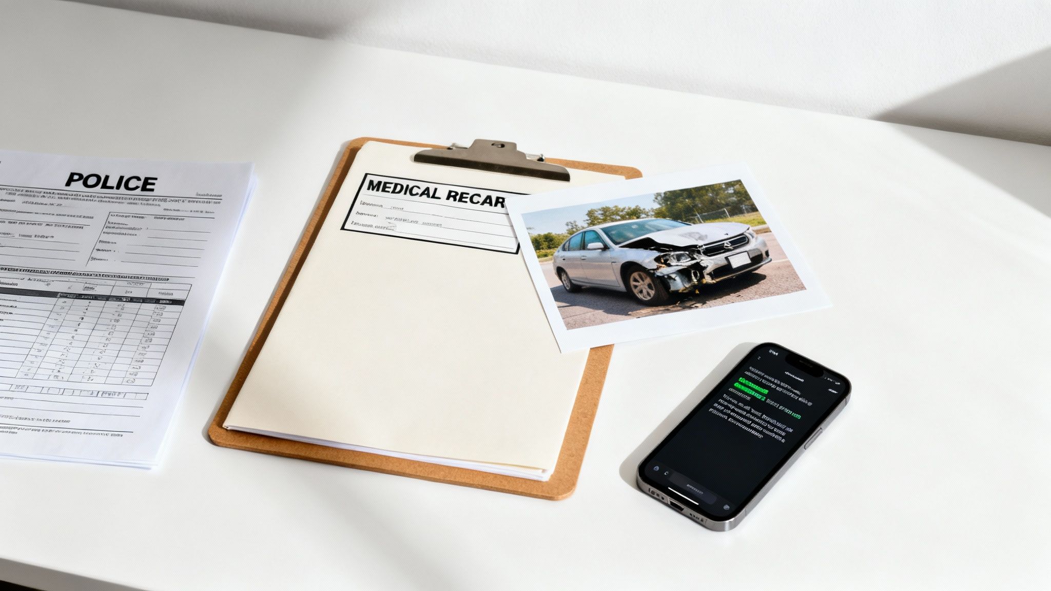 Car accident documentation including police report, medical records, damaged vehicle photo, and smartphone on desk