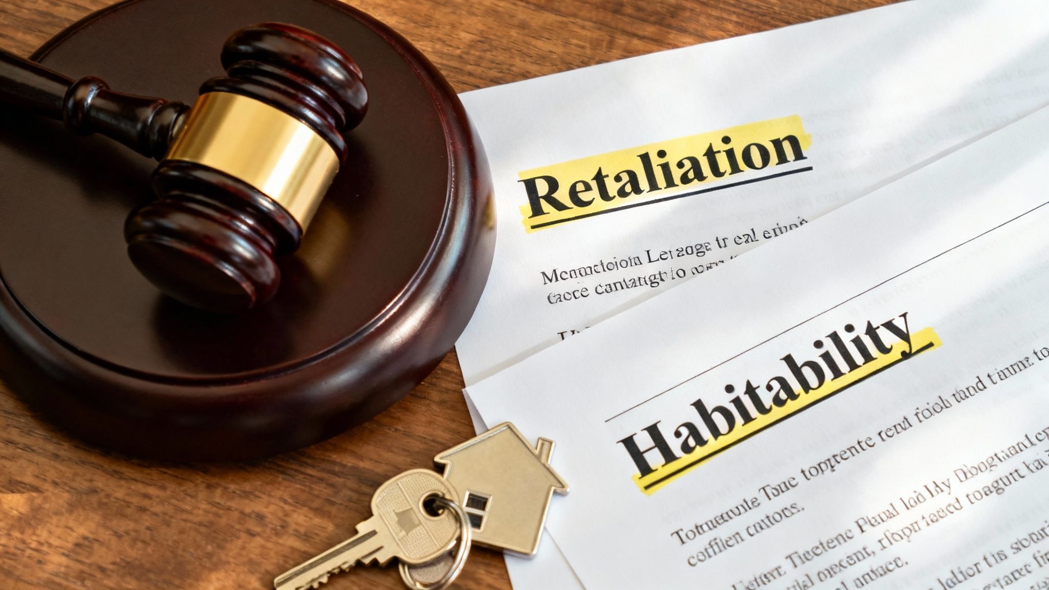 Gavel on wooden surface beside legal documents highlighting "Retaliation" and "Habitability," with a house key, symbolizing tenant rights in eviction cases in Texas.