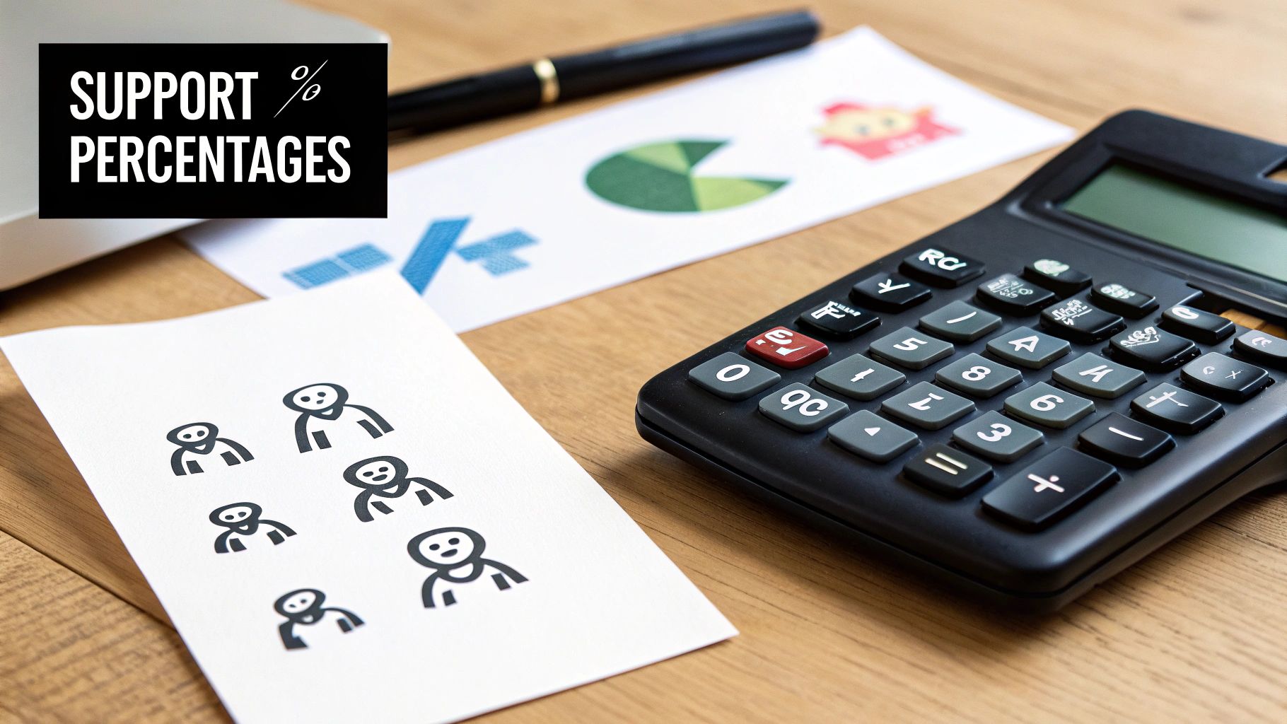 A calculator, papers with diagrams and stick figures on a wooden desk. Text reads 'SUPPORT PERCENTAGES'.