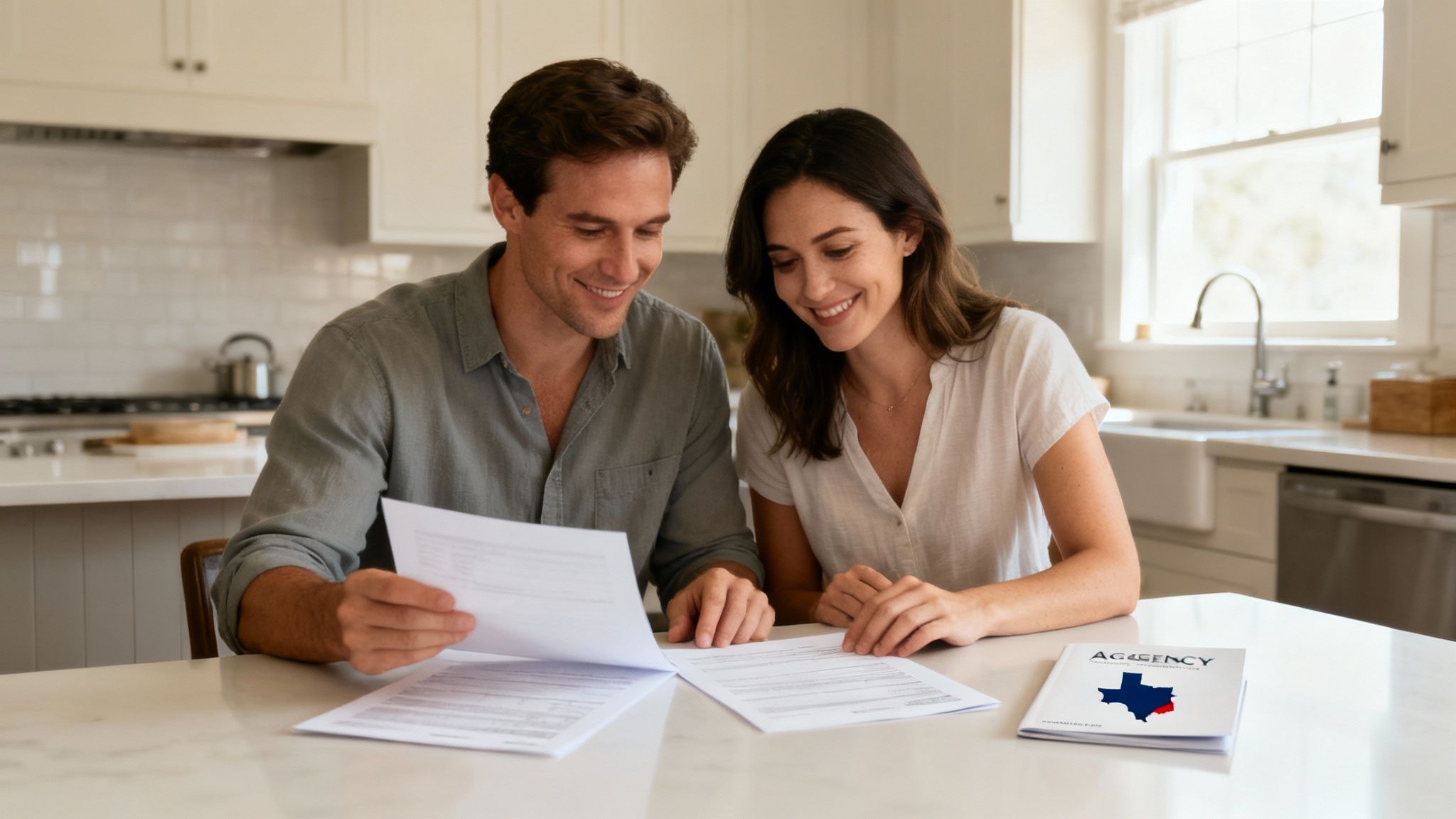 A compassionate adoption professional speaking with a hopeful couple in a warm, welcoming office.