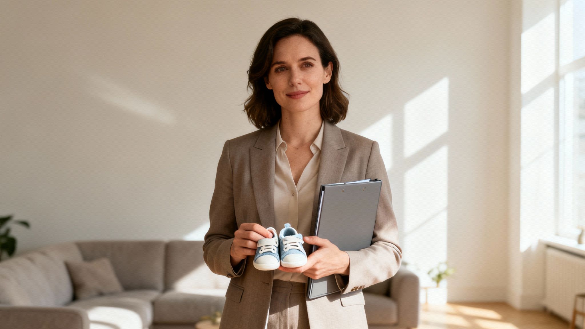 Professional woman in a suit holds blue baby shoes and a clipboard, smiling in a bright room.