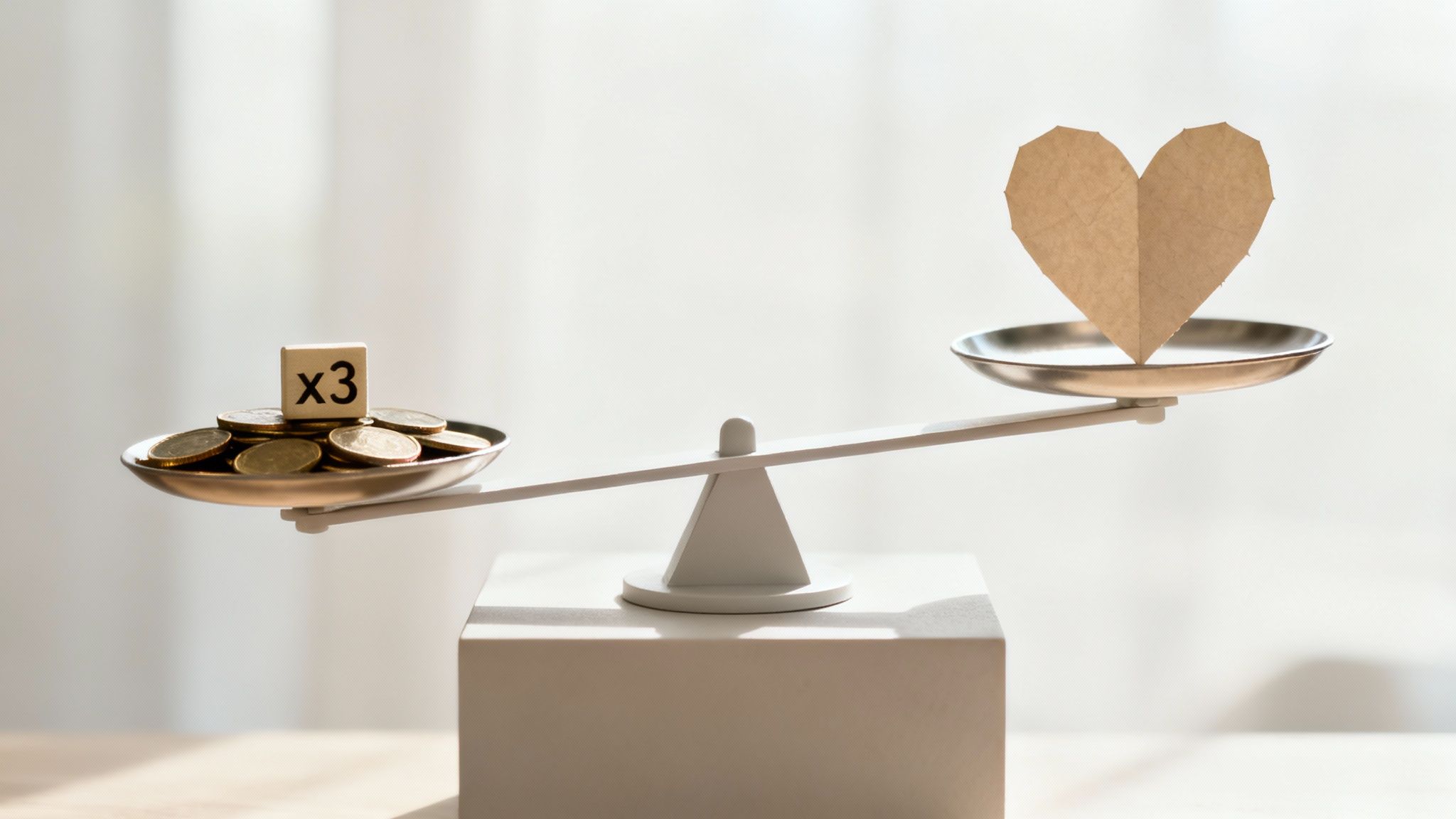 Balance scale with coins labeled "x3" on one side and a paper heart on the other, symbolizing economic damages and emotional value in consumer protection context.