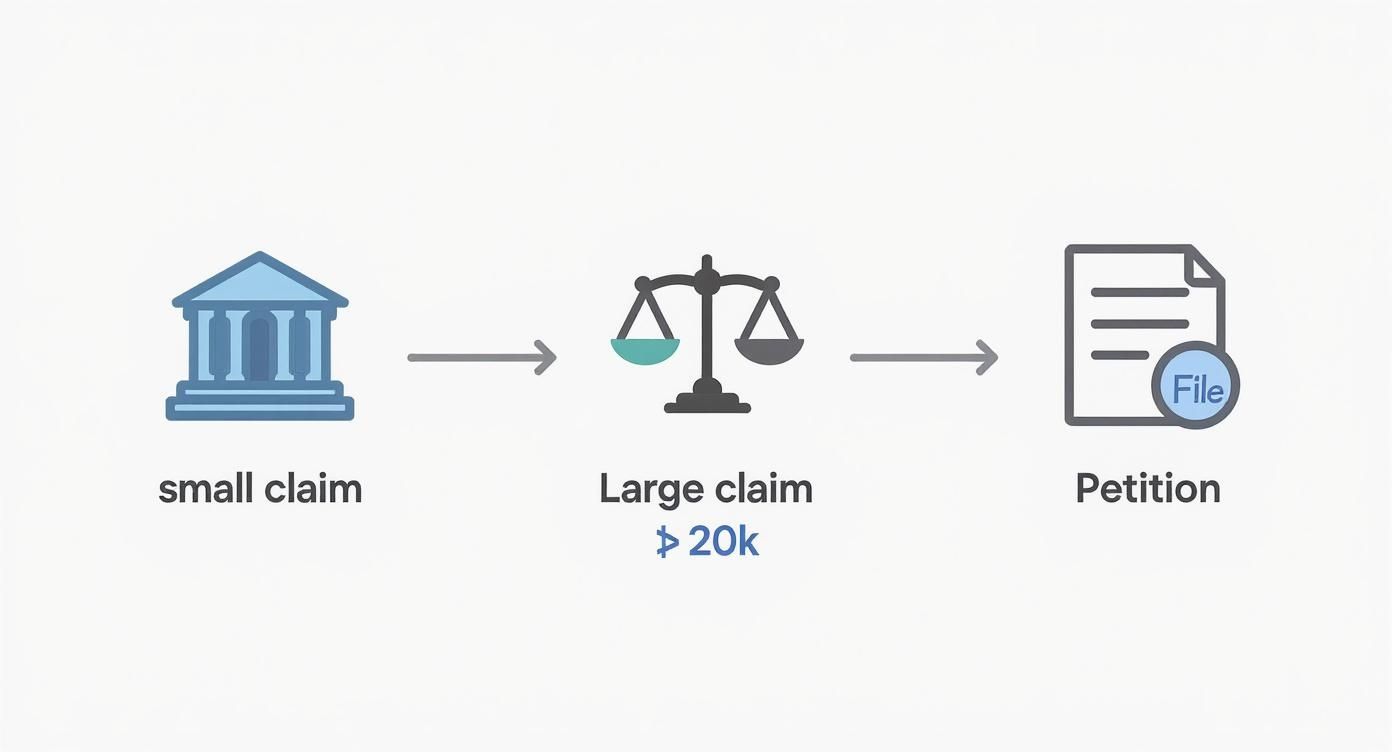 Flowchart illustrating the process of filing a lawsuit for small and large claims, highlighting the steps from small claims court to filing a petition for claims over $20,000.
