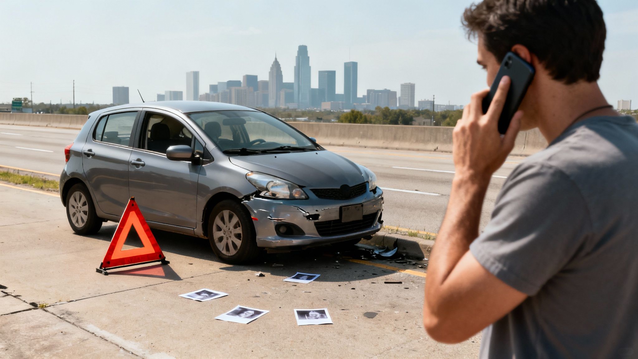 A person sitting in a damaged car after a crash, looking distressed while on the phone.