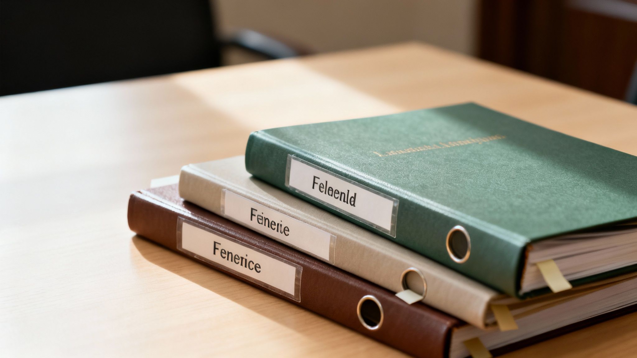 Three organized binders stacked on a wooden desk with labels, containing documents and bookmarks.