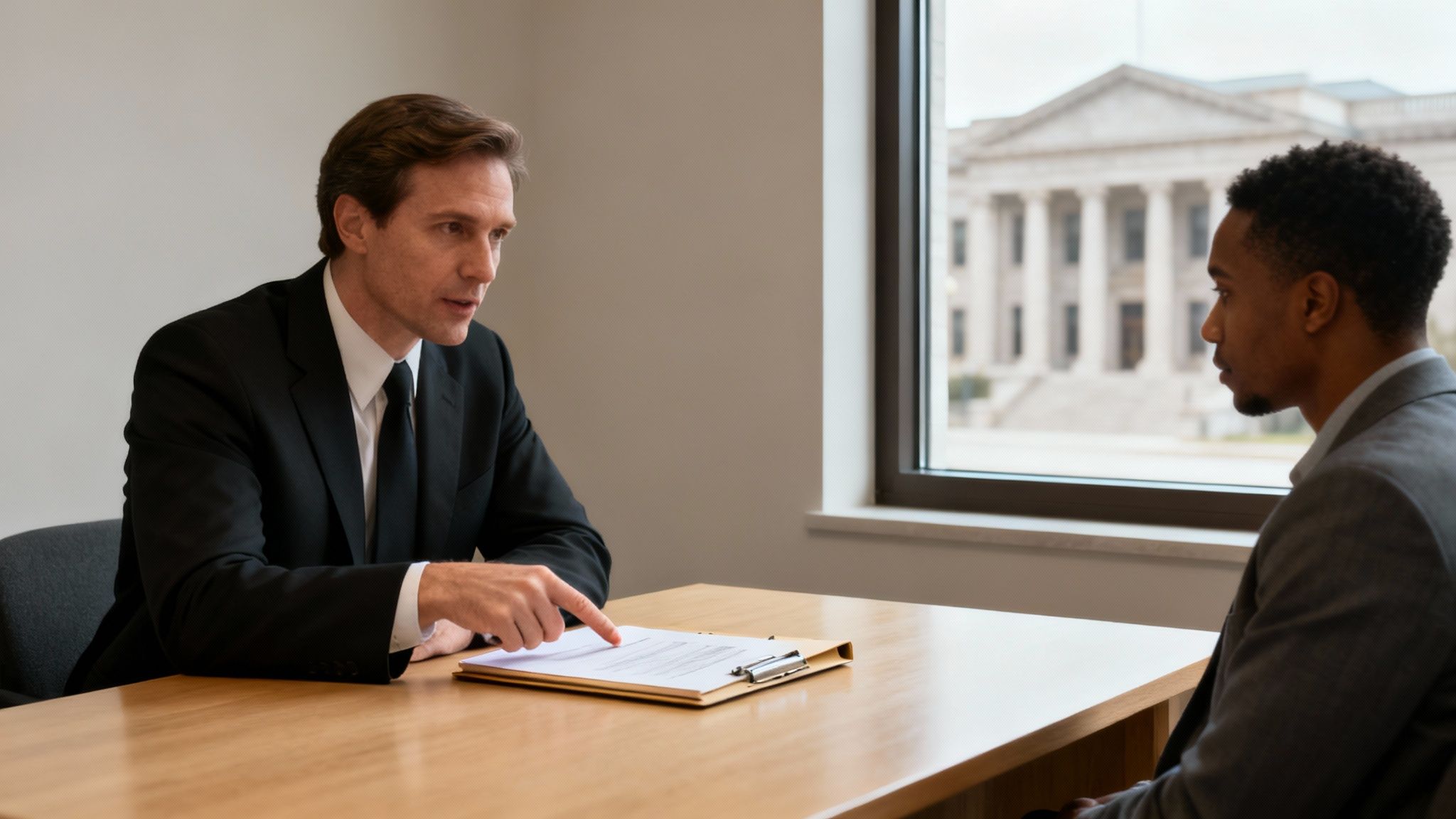 A gavel and law book on a wooden desk, symbolizing legal defense.