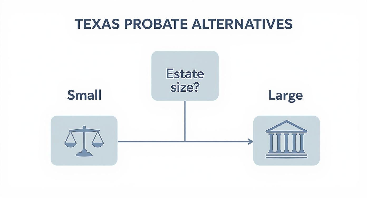 Texas probate alternatives flowchart showing estate size determining small estate or large estate court process