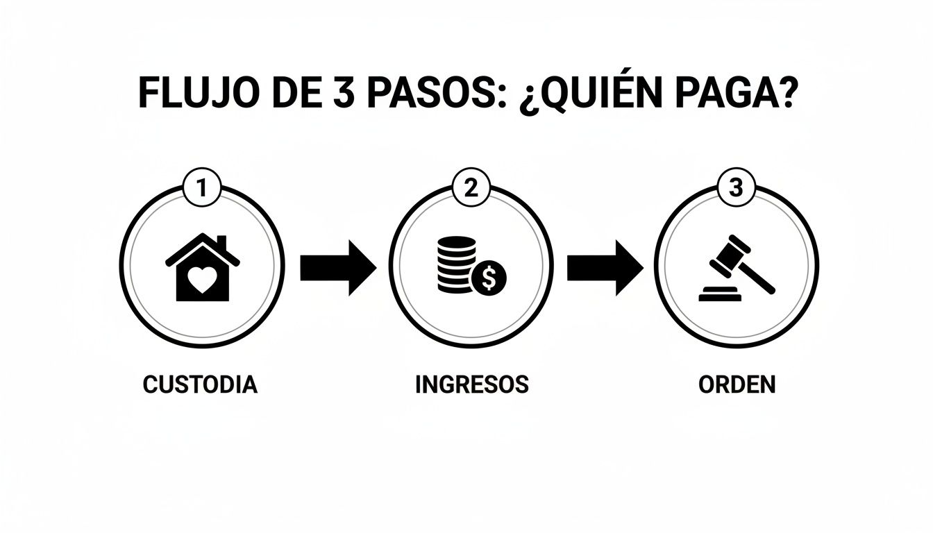 Diagrama de flujo de 3 pasos que muestra custodia, ingresos y orden legal para determinar quién paga.