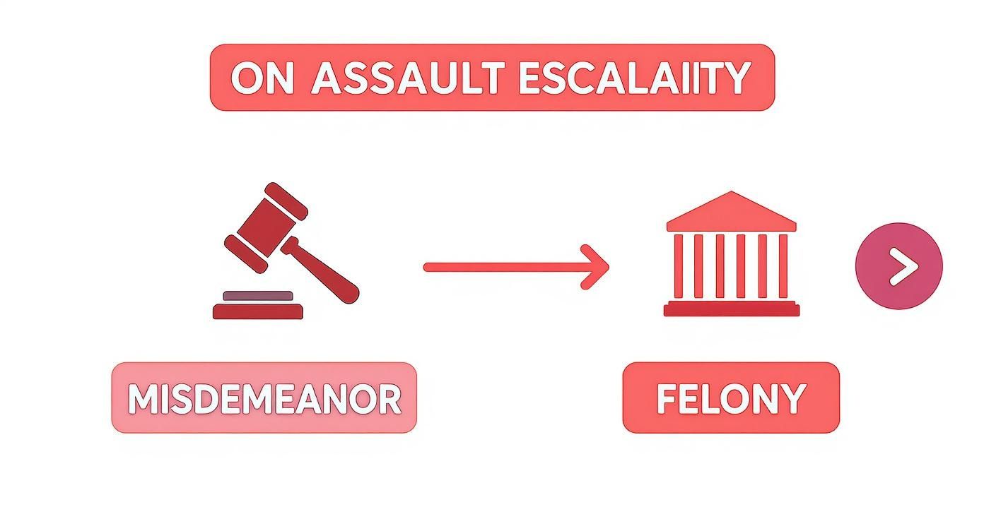 Infographic illustrating the escalation of assault charges from misdemeanor to felony, featuring a gavel, courthouse icon, and directional arrow, relevant to legal implications in Texas.