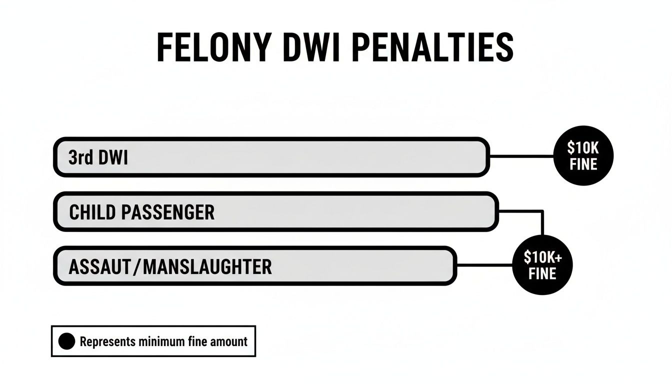 Chart displaying felony DWI penalties, including minimum fines for a 3rd DWI, child passenger, and assault/manslaughter.