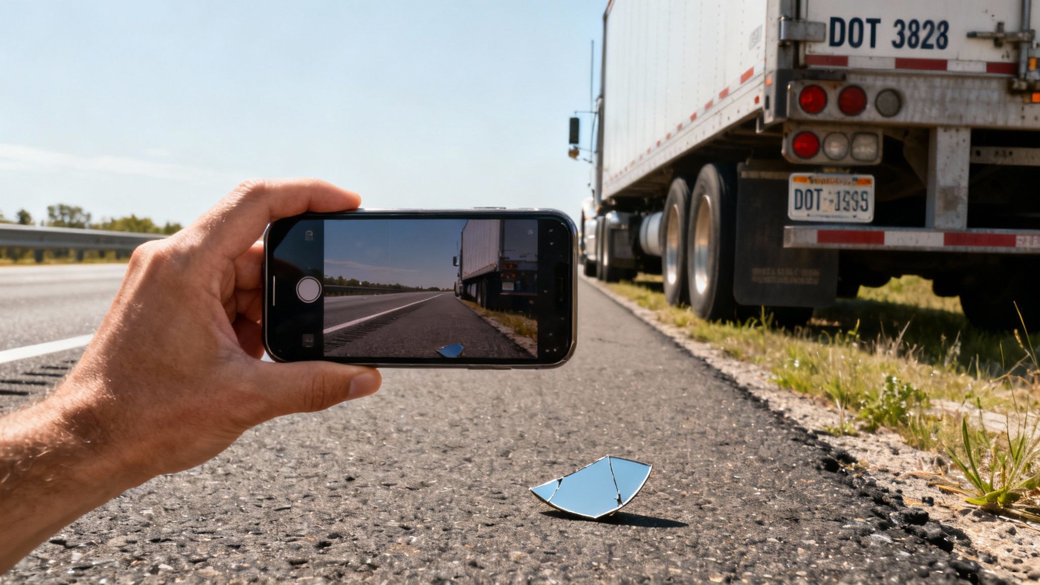 Person holding phone taking picture of a truck on highway next to a broken mirror piece.