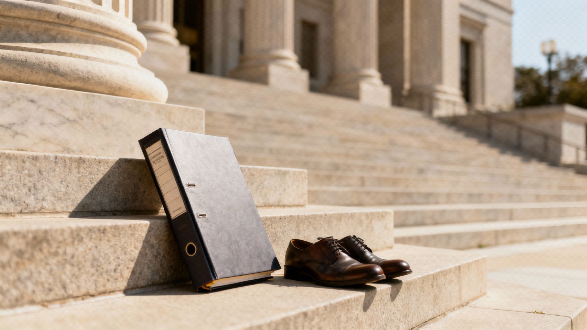 Legal binder and polished dress shoes on courthouse steps, symbolizing DWI defense and legal proceedings in Texas.