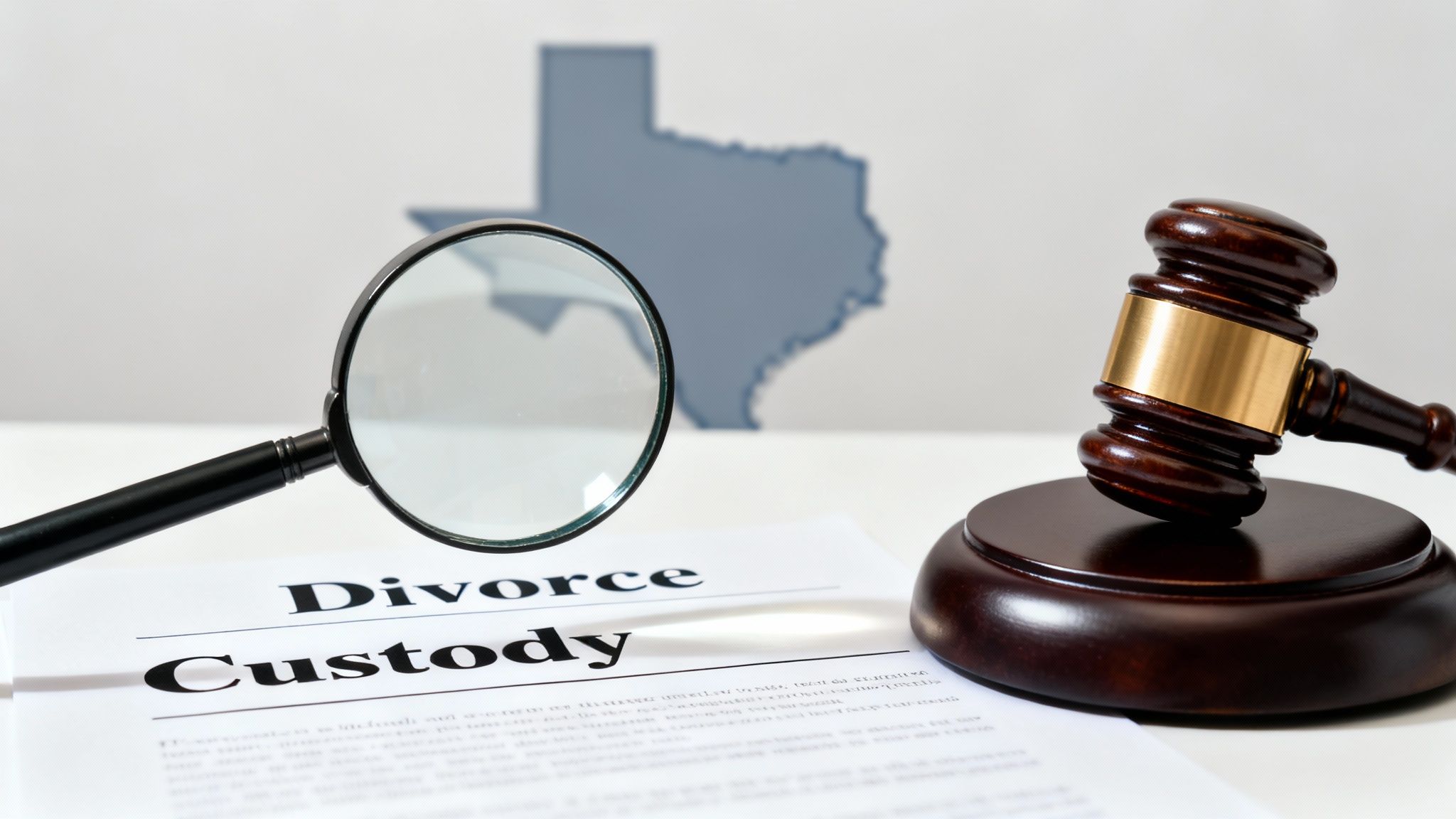 Legal documents for divorce and custody in Texas, with a gavel and magnifying glass.