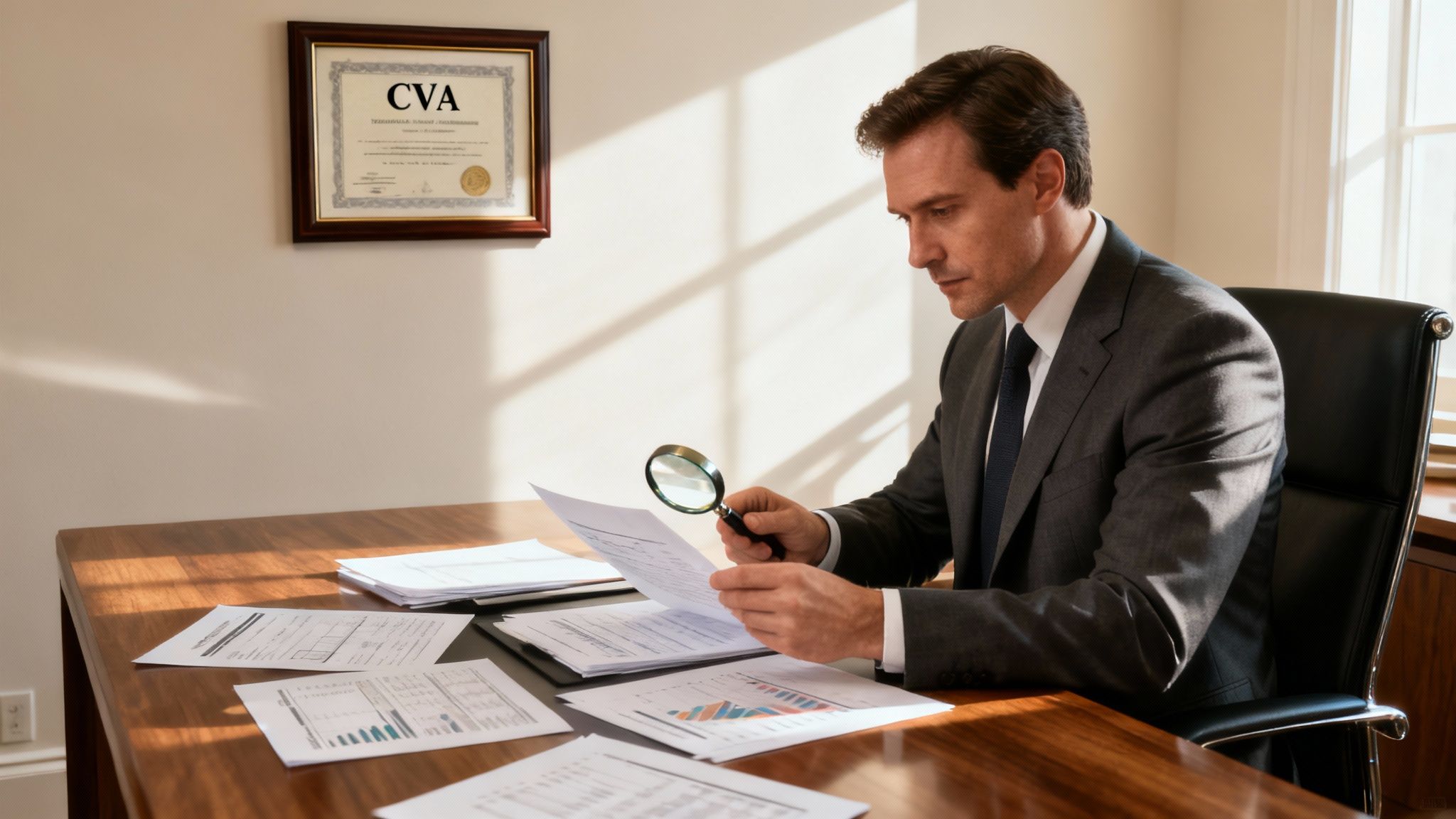 A professional analyzing financial documents with a magnifying glass.