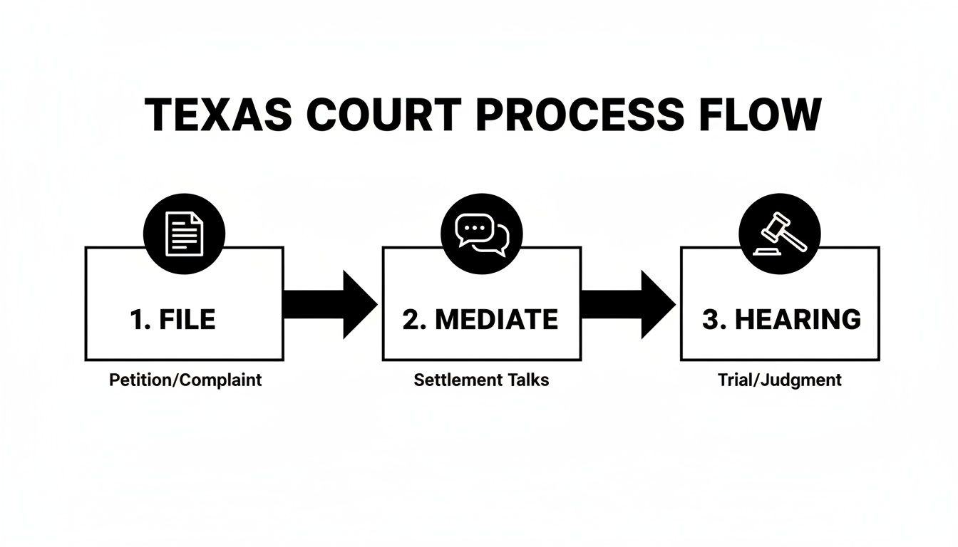 Flowchart showing the Texas court process: File, Mediate, and Hearing steps.