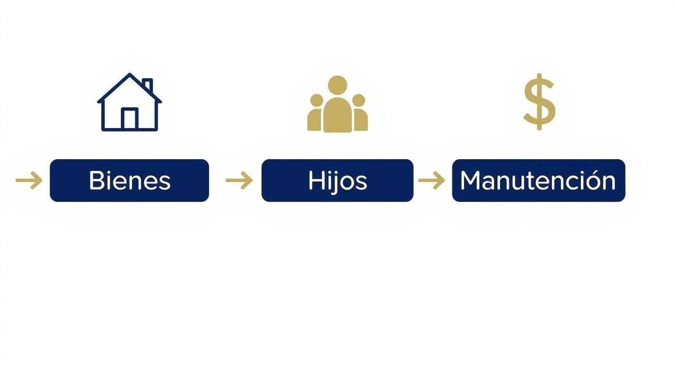 Infografía que muestra los tres elementos principales a resolver en un divorcio: bienes, hijos y manutención, representados por los iconos de una casa, una familia y un signo de dólar.